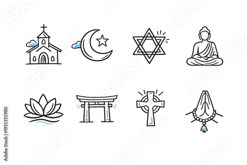 Collection of diverse religious symbols and icons representing different faiths and beliefs