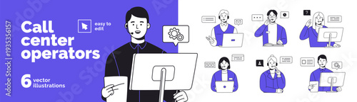 Call center operators set. Consultants of technical support service with headsets. Workers of hotline, helpdesk help and talk to clients. Flat isolated outline vector illustrations on white background