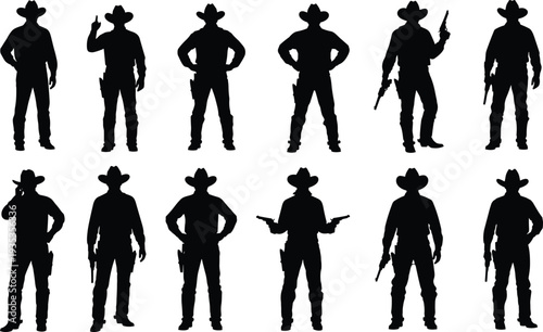Cowboy silhouette collection, western gunfighter set with revolvers, outlaw sheriff icons, american frontier hero, desert bandit vector isolated on white background,