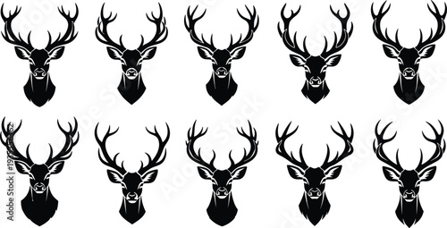 Deer head silhouette collection, stag with antlers set, reindeer buck icons, hunting trophy symbols, forest animal wildlife vector isolated on white background,