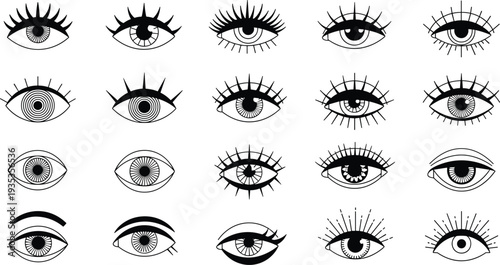 Eye icon set vector illustration with various eyelash styles and pupil designs isolated on white background for beauty fashion and vision concepts.