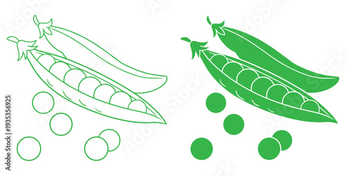 Detailed graphic representation showcasing contrasting styles of green pea pods with visible peas illustrating both outline and filled silhouette designs for vegetable concepts