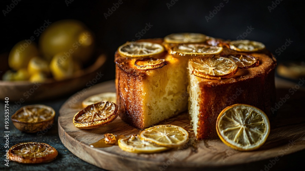 Fototapeta premium A lemon ricotta cake with caramelized lemon slices is displayed dramatically under moody lighting
