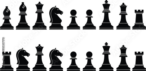 Set of black chess piece silhouettes, king queen rook bishop knight and pawn icons for strategy games and competition branding, vector illustration.