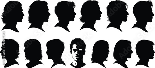Set of eleven male head silhouettes, variety of men's hairstyles and profile views for barber shop branding and character design, vector illustration.