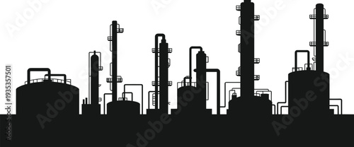 Oil refinery factory silhouettes with industrial plant tanks and pipelines isolated on white background energy industry vector illustration set