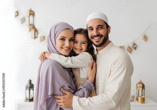 Happy Muslim family embracing, celebrating togetherness with joy and cultural pride during festive season.