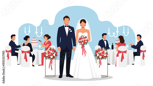 Newlywed couple stands at the center of their elegant wedding reception surrounded by guests, flowers, and a large cake.