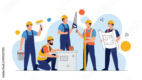 Professional team of construction and maintenance workers stands together with their tools and blueprints for a new project.