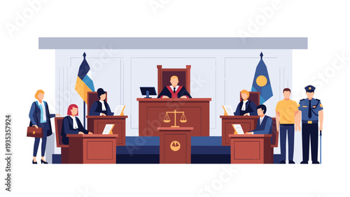 Formal courtroom scene features a judge, legal representatives, and a defendant during a fair and orderly trial process.
