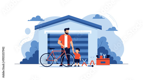 Father and young son spend quality time together repairing a bicycle in front of their home garage with a toolbox nearby.