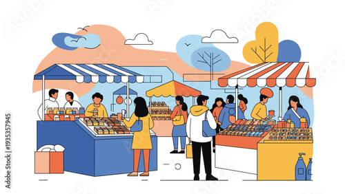 Bustling outdoor market scene showcases various vendors selling products under colorful striped awnings with many shoppers exploring.