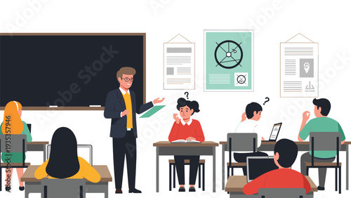 Dedicated male teacher explains a lesson to diverse students sitting at desks in a classroom with educational posters and a blackboard.