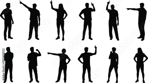 People silhouettes collection standing men and women pointing gestures human figures vector illustration isolated black character poses set