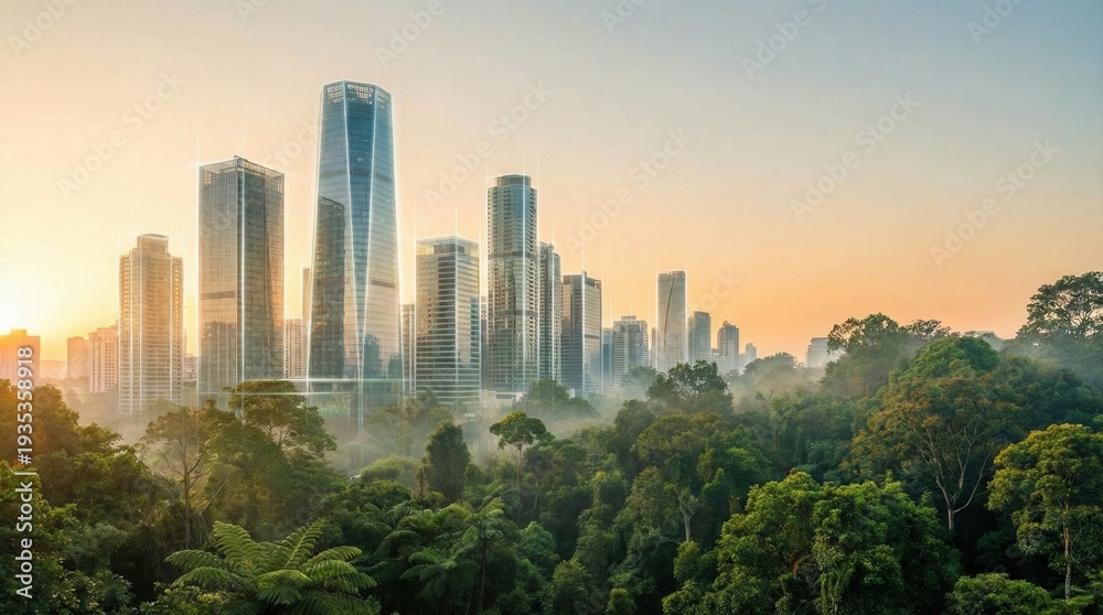 Obraz premium Modern city skyline at sunrise with lush green forest in the foreground.
