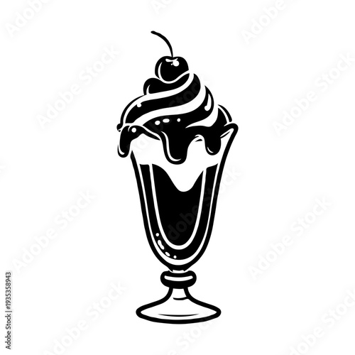 Silhouette of an ice cream sundae with whipped cream and cherry, retro graphic style, isolated on white background, dessert concept