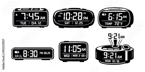 Set of digital alarm clocks with different displays, showing current time, date, day of week, temperature, and alarm status