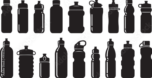 Collection of black water bottle silhouettes on white background