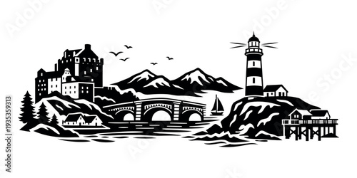 Coastal scene with a lighthouse, ancient castle, and arched bridge spanning water, mountains in the background, promoting travel and exploration