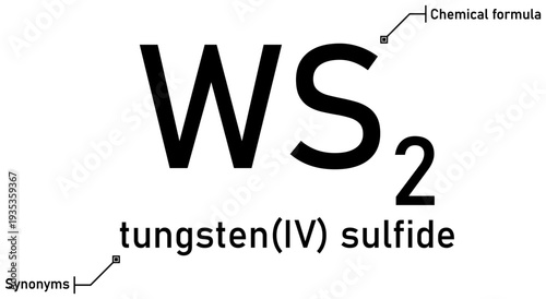 Tungsten (IV) sulfide chemical formula with callout titles