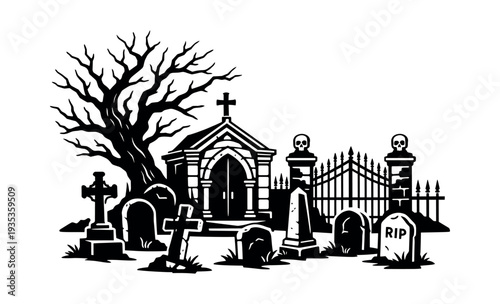 Graveyard setting with a crypt, cross headstones, spooky fence featuring skulls, and a dead tree creating a scary atmosphere