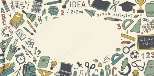 Seamless pattern of academic tools and study items framing a blank space for educational content.