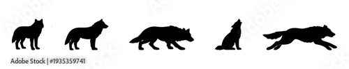 Dynamic wolf silhouettes in various natural poses, including standing, stalking, howling, and running, ideal for wildlife protection materials or adventurous marketing campaigns.