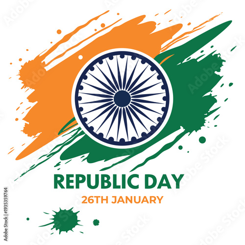 India Republic Day greeting with India Gate, national flag, and Ashoka Chakra.