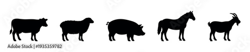Bold black silhouettes of essential farm animals including a cow, sheep, pig, goat, and horse, perfect for creating visually engaging content for agriculture, childrens books, and rural