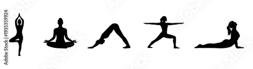 Versatile collection of elegant female yoga poses in black silhouette showcasing various meditation and stretching exercises suitable for wellness, fitness, and healthy lifestyle promotions