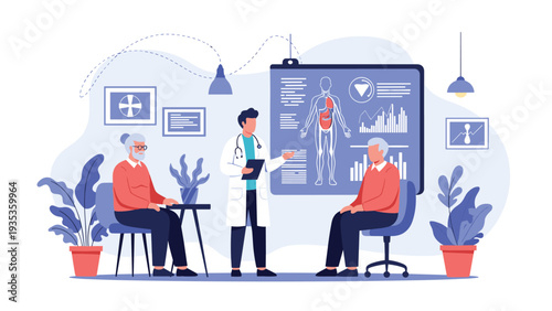 Male doctor explaining a detailed human anatomy chart to a senior couple during a medical consultation in a clinic.