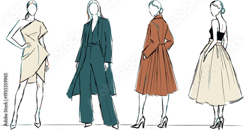 Fashion illustrations of stylish women modeling different clothing designs and elegant outfits