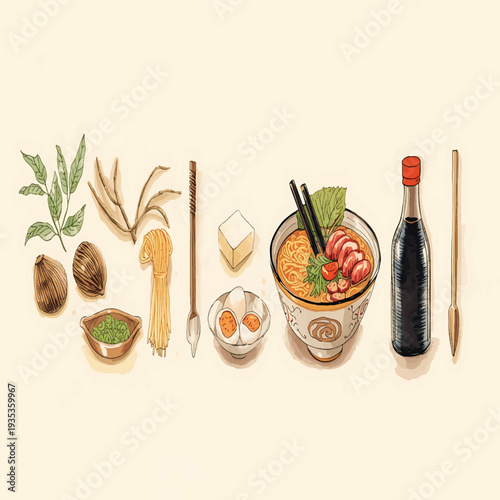 Watercolor illustration of a ramen bowl and accompanying condiments