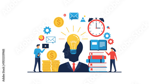 Creative concept showing a human head with a glowing lightbulb surrounded by icons for learning time and wealth.