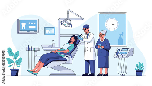 Professional dentist performing a checkup on a patient while an assistant stands by in a modern dental office.