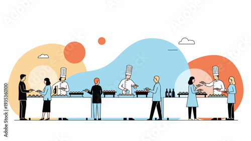 Professional catering service with chefs serving a variety of appetizers and snacks to guests at a buffet in a modern event.