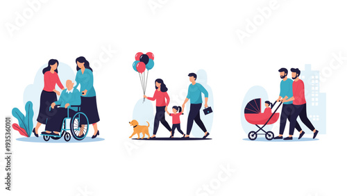 Illustration of diverse families including elderly care, parents with a child, and a same-sex couple with a baby in a stroller.