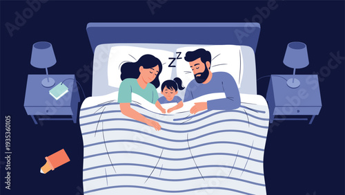 Happy young family with a small child sleeping peacefully together in a large bed at night in a dark and quiet bedroom setting.