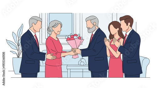 Young couple presenting a bouquet of flowers to an elderly man and woman in a living room during a warm family celebration.