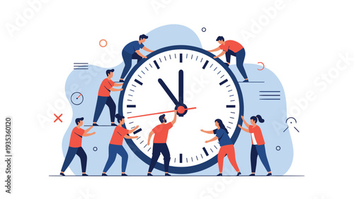 Group of people working together to manage a giant clock face representing teamwork, productivity, and meeting deadlines.