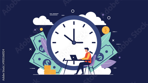 Businessman working on a laptop in front of a giant clock and currency symbols representing time management and productivity.