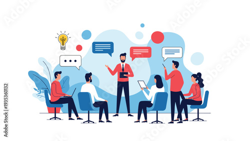 Business professional presenting creative ideas to a diverse group of people sitting in a modern office meeting room.