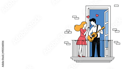 Young man playing an acoustic guitar on a balcony for a woman in a romantic scene with red hearts floating in the air.