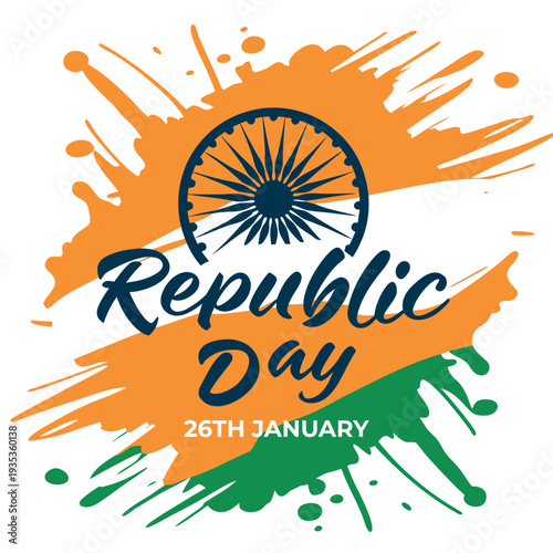 India Republic Day greeting with India Gate, national flag, and Ashoka Chakra.