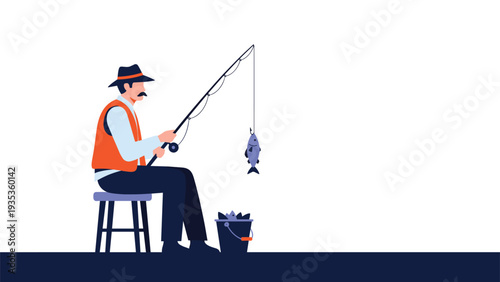 Experienced fisherman sitting on a stool by the water holds a fishing rod with a newly caught fish dangling from the hook.