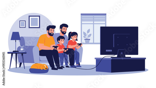 Happy family including two men and two children sitting on a couch together playing video games on a large television.