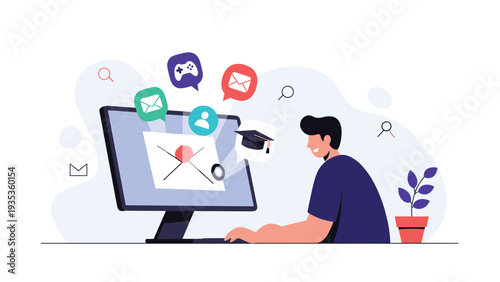 Young man sitting at his computer desk with colorful icons for email, gaming, and education appearing above the monitor.