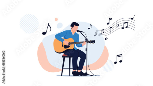 Talented male musician sitting on a stool plays an acoustic guitar and sings into a microphone with musical notes floating by.