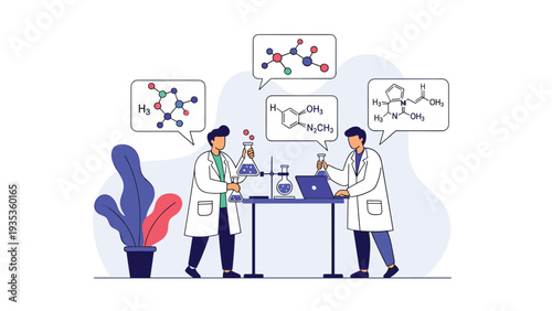 Male scientists in a laboratory setting discussing complex chemical formulas and molecular structures for research.