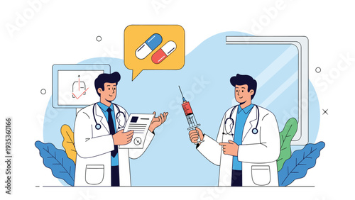Two male doctors in white lab coats discussing medical treatment plans while holding a syringe and reviewing a patient file.